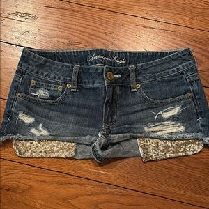 American Eagle Outfitters Women's Sequin Jean Shorts - Dark Blue